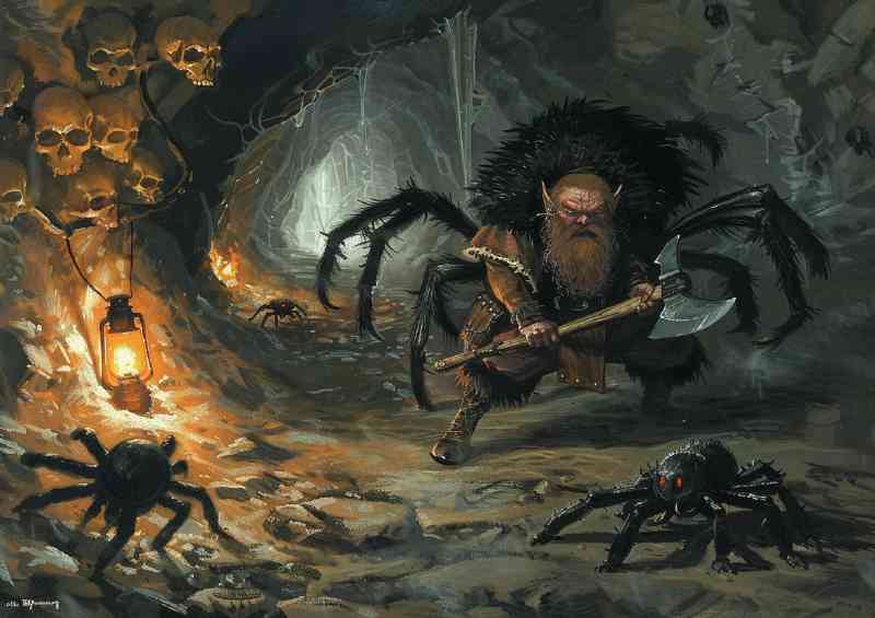Fantasy Dwarf fighting monster spiders | Metal Poster