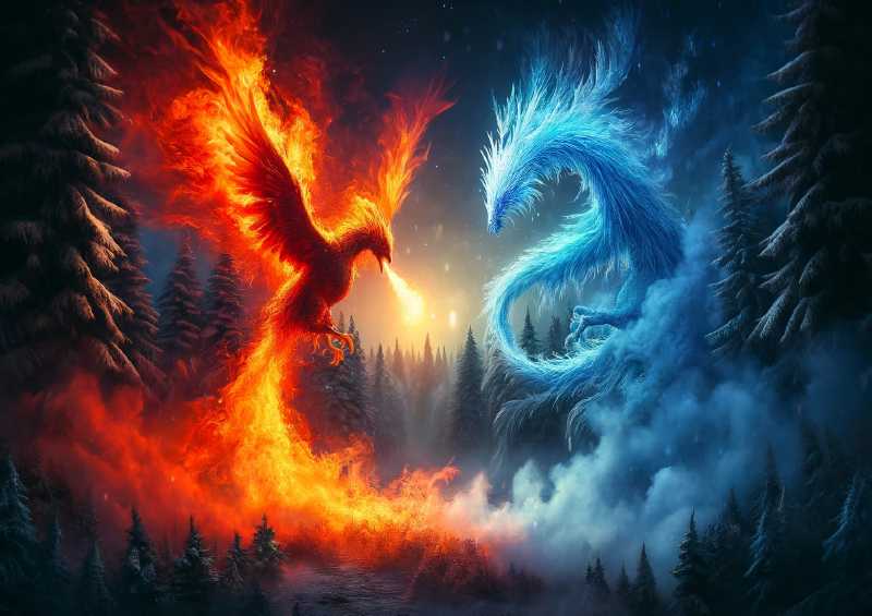 Fiery phoenix and an Ice dragon set in a mystical forest | Metal Poster