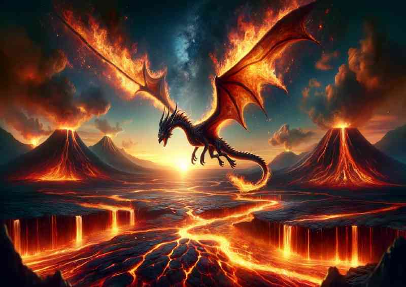Fire Dragon soaring above a volcanic its wings casting flames | Metal Poster