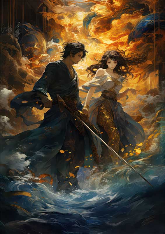 Characters in the water holding swords | Metal Poster