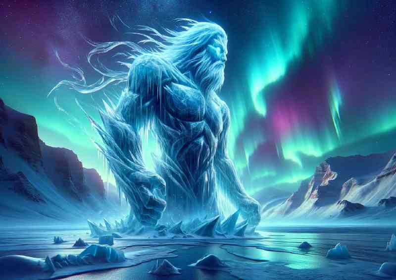 Ice giant carved from glacial ice under the aurora borealis | Metal Poster