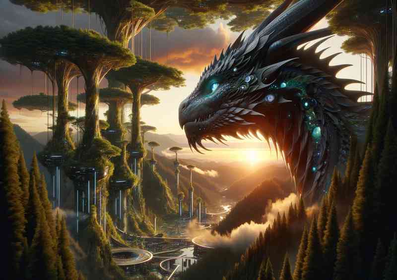 Majestic dragon set in a lush futuristic landscape | Metal Poster