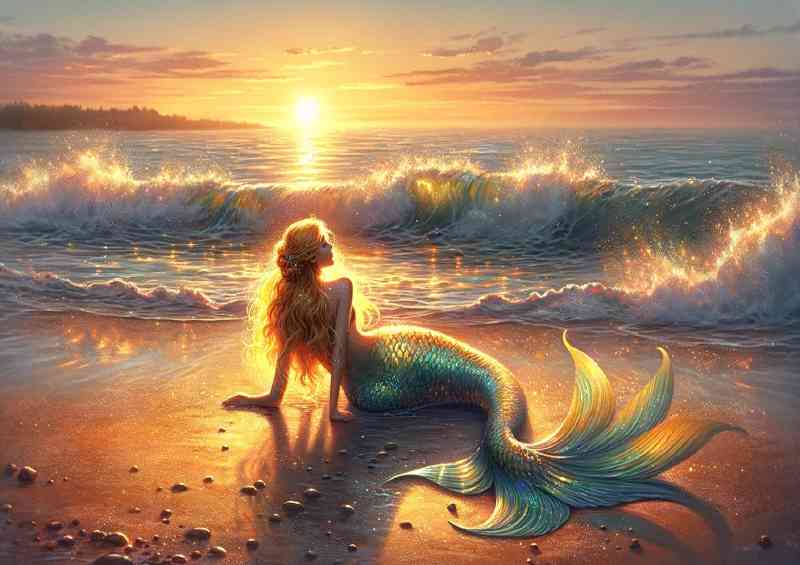 Mermaid with radiant golden hair the sandy shore at sunrise | Metal Poster