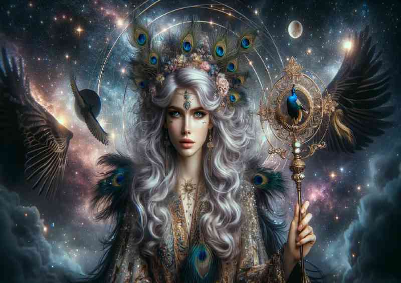 Mythical Goddess with flowing silver hair she holds an ornate staff | Metal Poster