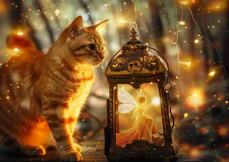 Orange tabby cat looking at the fairy in the lantern | Metal Poster