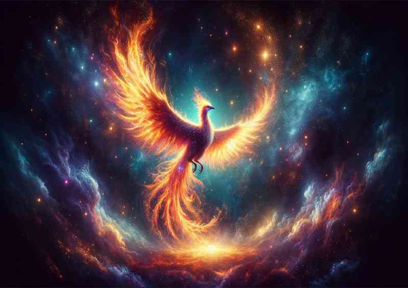 Phoenix rising from stardust flames and cosmic light | Metal Poster