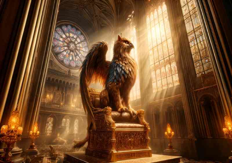 Regal griffin seated on a golden throne inside a grand cathedral | Metal Poster