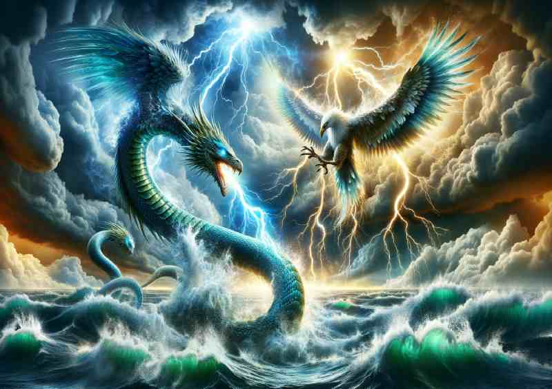 Titanic battle between a sea Serpent and a Thunderbird | Metal Poster