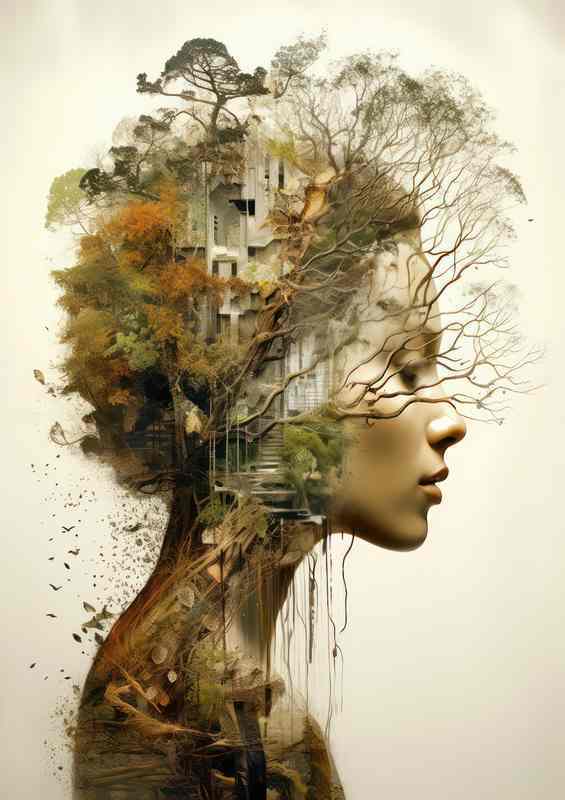 Womans Head Enigmatic Double Exposure | Metal Poster