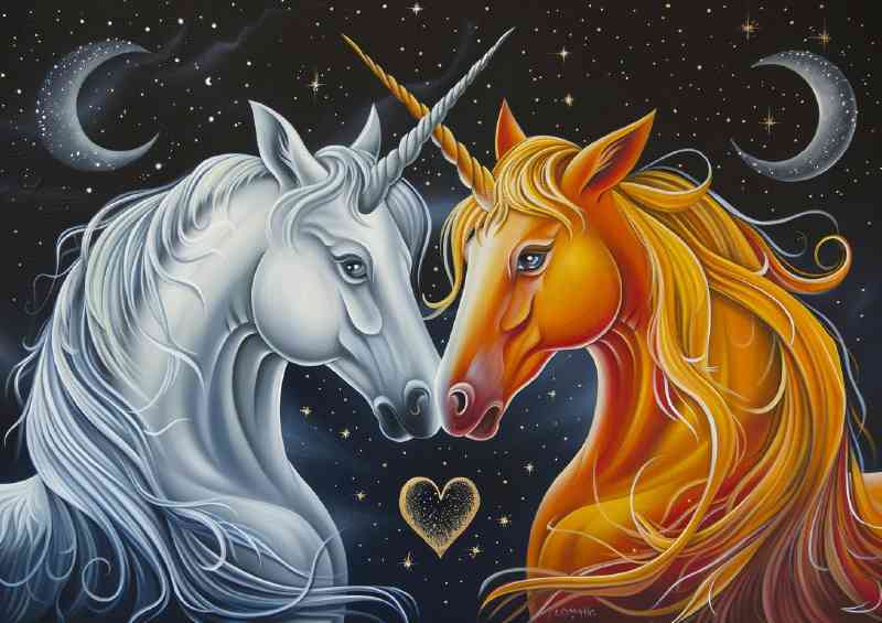 Two unicorns with long manes and tails white and golden orange | Metal Poster