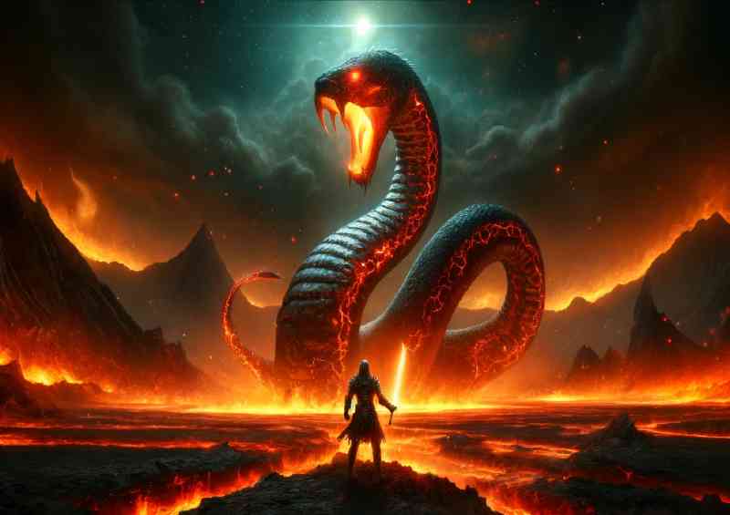 Warrior facing a giant Serpent in a fiery volcanic landscape | Metal Poster