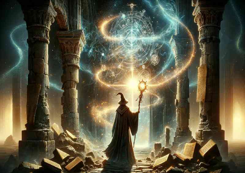 Wizard casting a powerful spell standing amidst crumbling ancient ruins | Metal Poster
