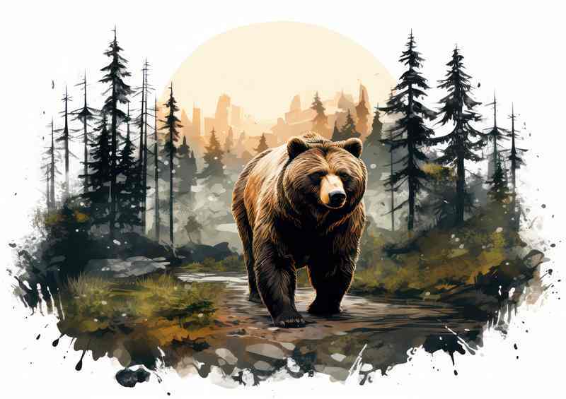 Artistic Forest Landscape Fusion Bear | Metal Poster