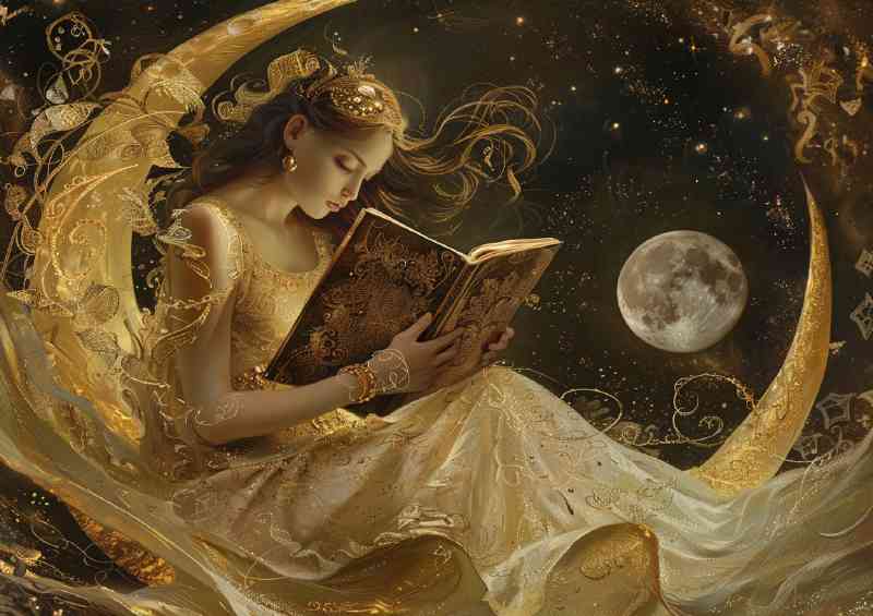 Woman reading a book in the moon on her hands | Metal Poster