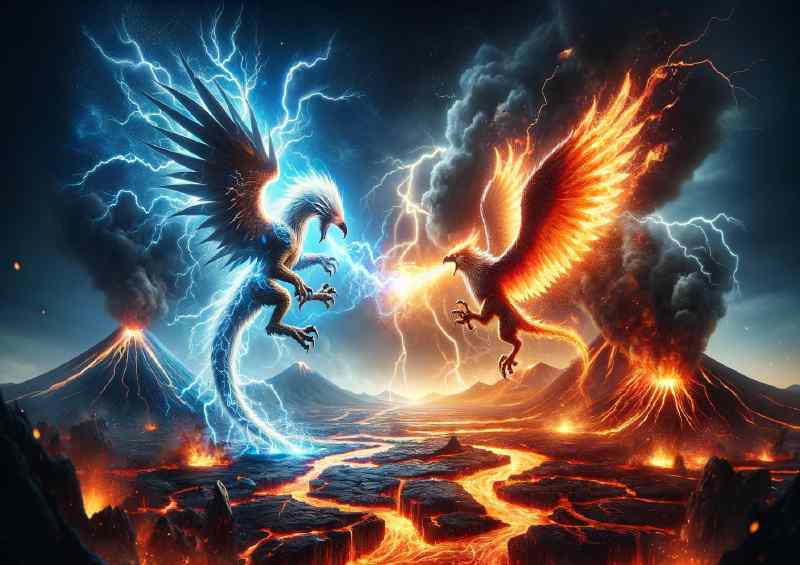 lightning Wyvern and a fire Griffin set above a volcano | Metal Poster
