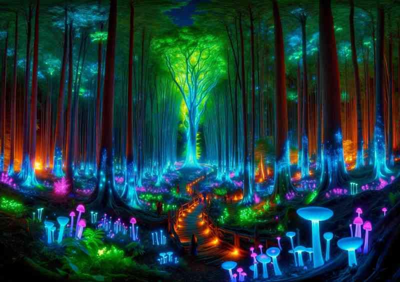 Enchanted forest with towering bioluminescent trees | Metal Poster
