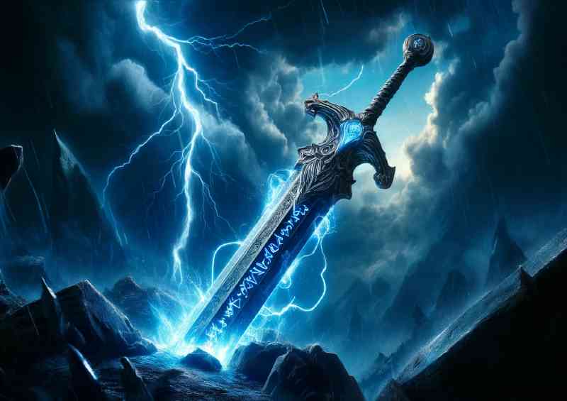 Enchanted sword glowing intensely with blue fire | Metal Poster