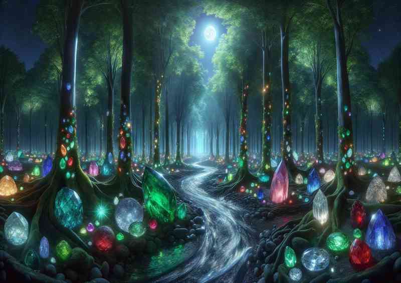 Mystical forest at night where the leaves on the trees are made | Metal Poster