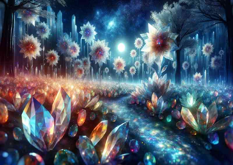 Mystical garden where crystal flowers bloom under a starlit sky | Metal Poster