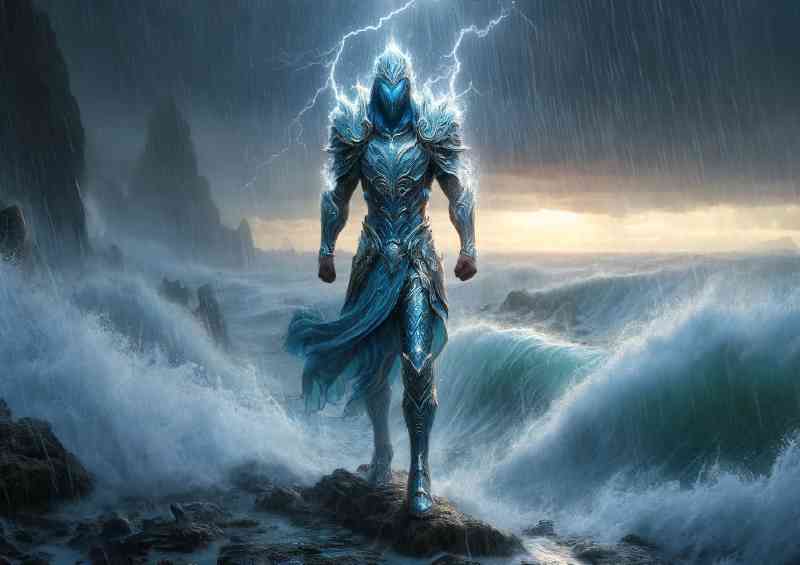 Warrior clad in water themed armor, standing amidst a torrential rainstorm | Metal Poster