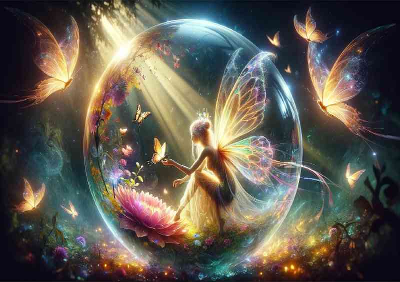 Fairy in a luminous crystal sphere interacting with glowing butterflies | Metal Poster
