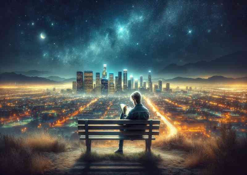 Serene moment on a city bench with a panoramic view | Metal Poster