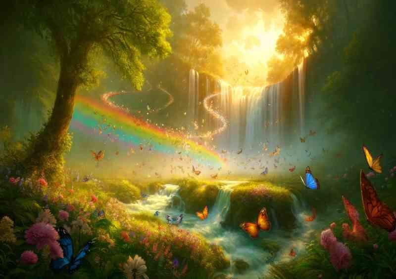 Serene nature scene with a multitude of colorful butterflies dancing | Metal Poster