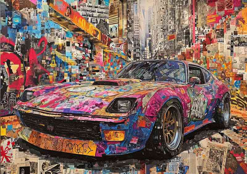 A modern car covered with graffiti down a street | Metal Poster