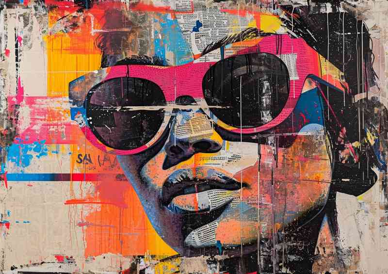 Art work lady in pink glasses with mixed media | Metal Poster