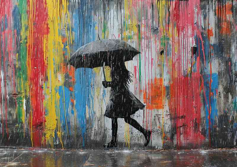 Banksy style girl with umberella in the coloured rain | Metal Poster
