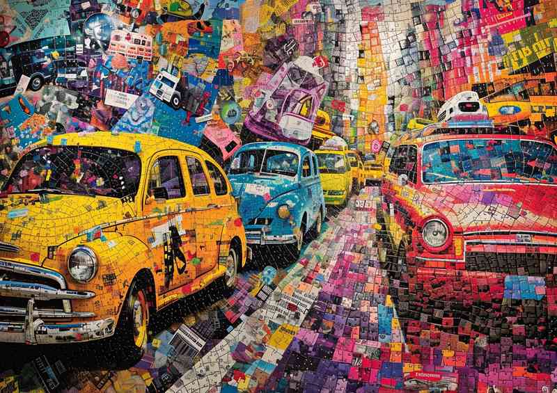 Colorful piece that features vehicles in the usa | Metal Poster