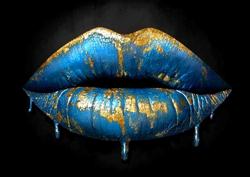 Gold and blue drip lips bling in the style of surreal | Metal Poster
