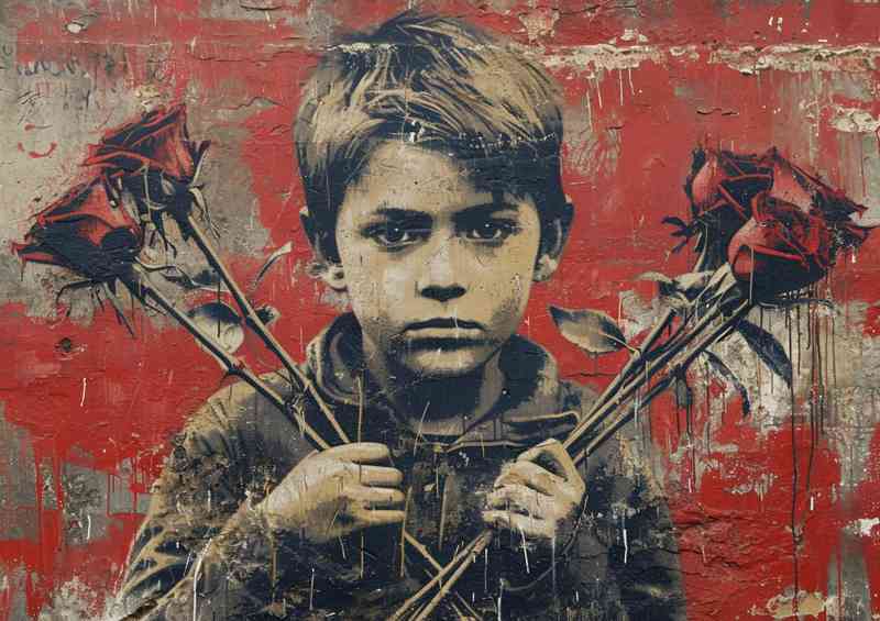 Graffiti the little boy and the rose flowers | Metal Poster