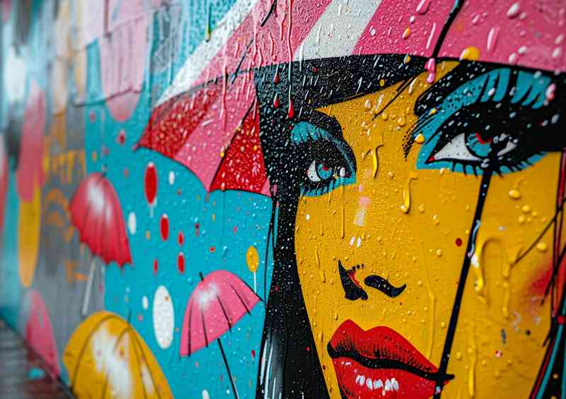 Lady in the rain with umberellas street art | Metal Poster