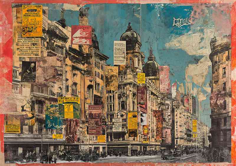 Old painting that shows several buildings with newspapers | Metal Poster