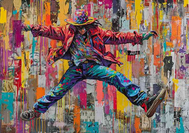 Painted man jumping with a street art wall | Metal Poster