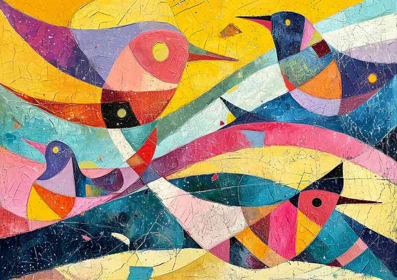 Painting of an abstract with colorful birds | Metal Poster
