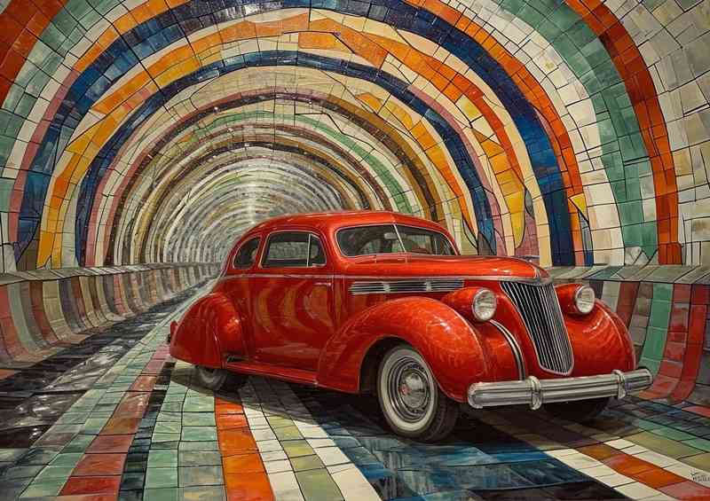 Red car in a tunnel with a colourful mosaic | Metal Poster