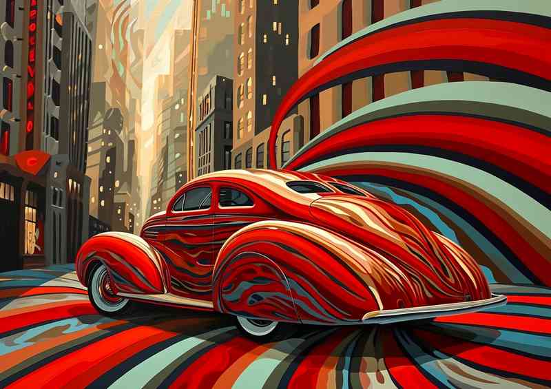 The sleek red modern car with stripes | Metal Poster