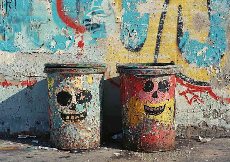 Trash cans painted street art | Metal Poster