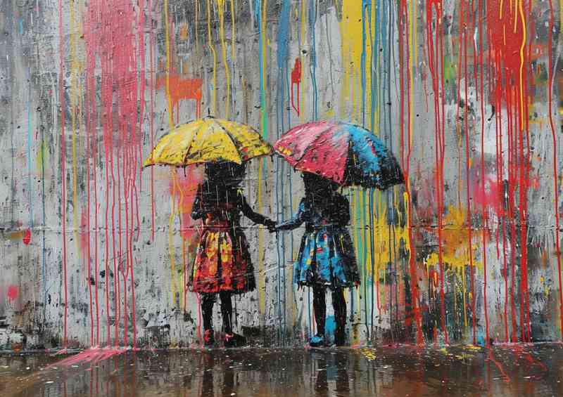 Two girls in the rain banksy style | Metal Poster