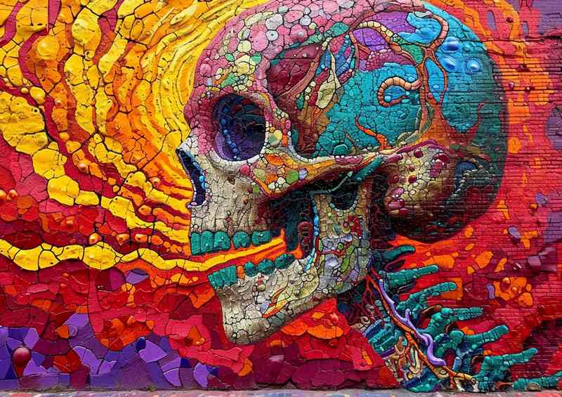 psychedelic painted skull colourful art | Metal Poster