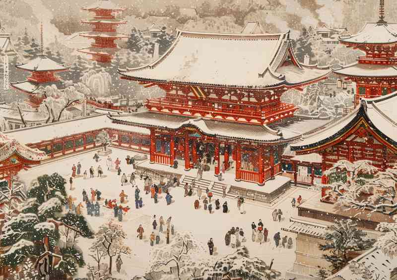 A scene of snow covered Japanese temples | Metal Poster