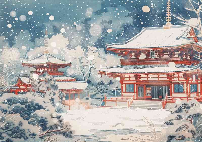 Falling snow on japanese temples | Metal Poster