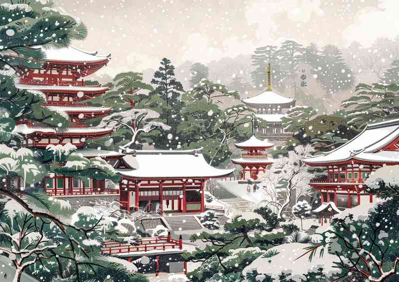 Japanese woodblock style snow temples | Metal Poster
