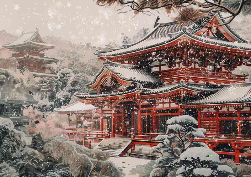 Snow covered temple in winter | Metal Poster