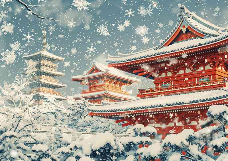 Snow scene covered Kyoto temple | Metal Poster