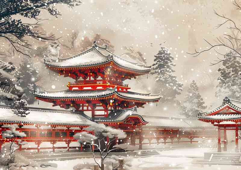 The Heian period snow covered Kyoto temple | Metal Poster