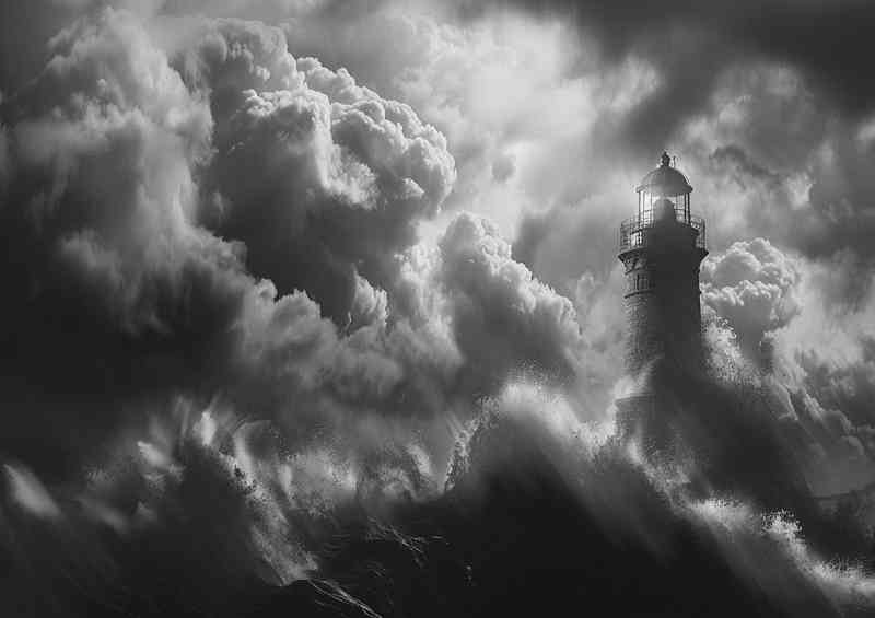 Lighthouse in the storm with clouds in the sky | Metal Poster