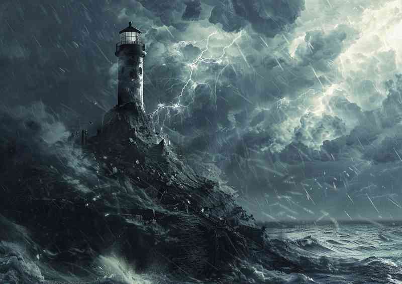Stormy clouds Lightning and lighthouse on an island | Metal Poster